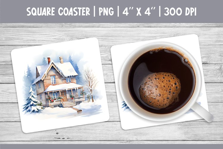 Watercolor Square Coaster Sublimation Design | Winter House