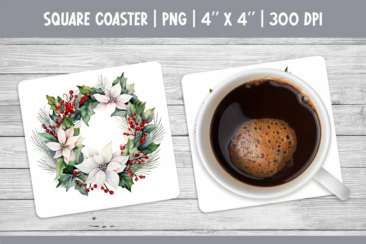 Watercolor Christmas Square Coaster Sublimation Wreath PNG