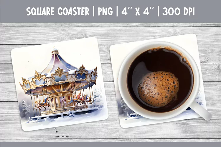 Watercolor Christmas Square Coaster Sublimation Carousel PNG