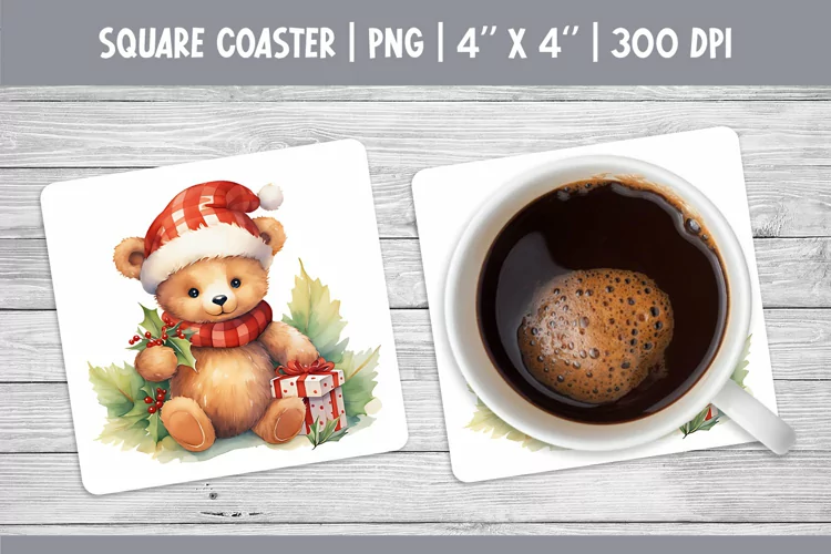 Watercolor Christmas Square Coaster Sublimation Teddy Bear