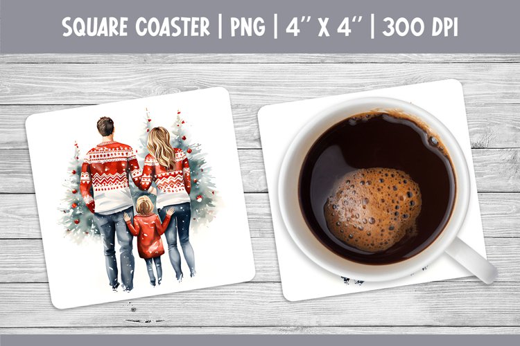 Watercolor Christmas Square Coaster Sublimation Family PNG