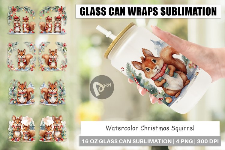 Glass Can Wraps Watercolor Christmas Squirrel