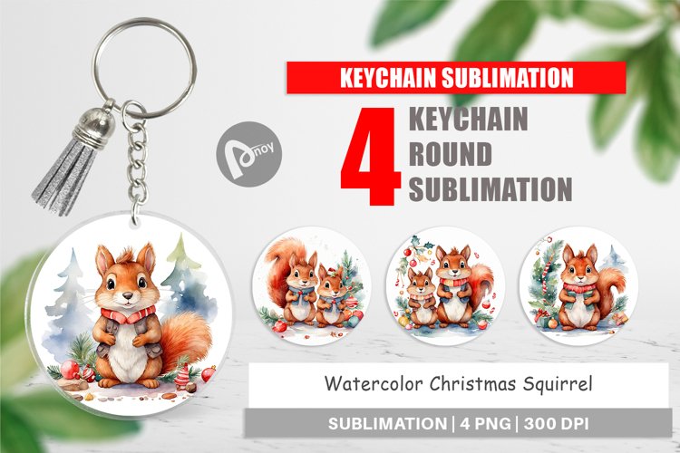 Keychain Watercolor Christmas Squirrel
