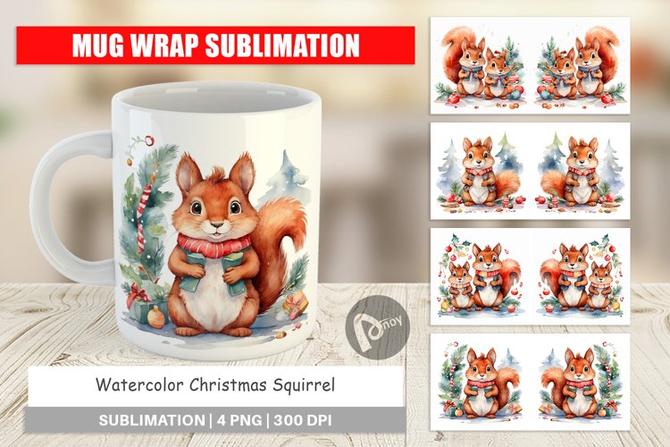 Mug Wrap Design Watercolor Christmas Squirrel