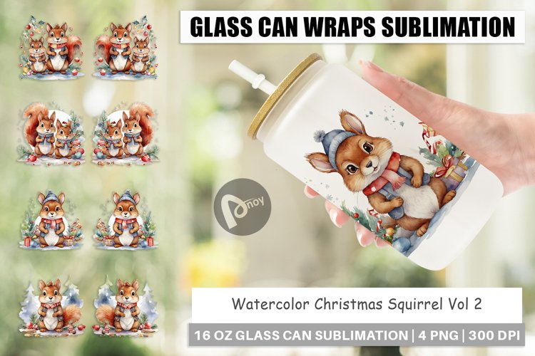 Glass Can Wraps Watercolor Christmas Squirrel
