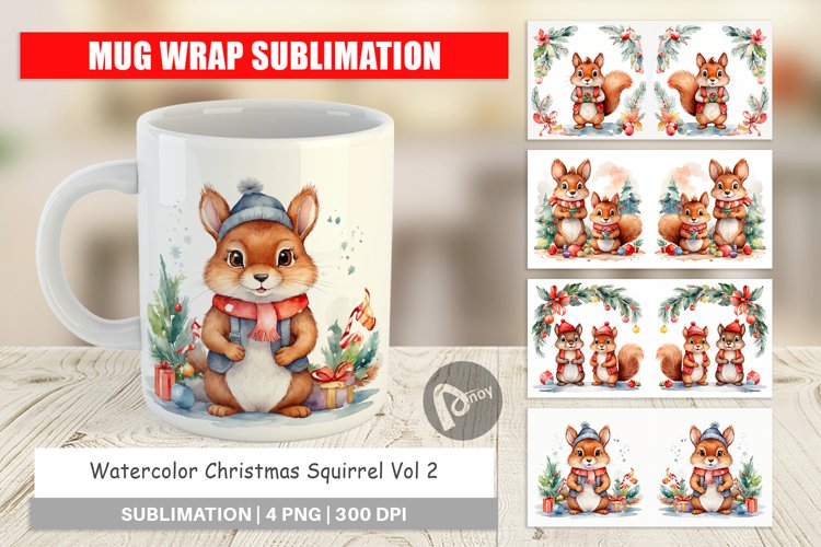 Mug Wrap Design Watercolor Christmas Squirrel