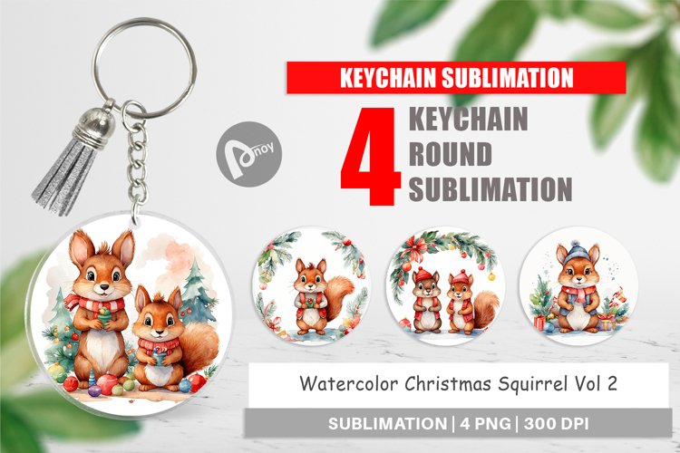 Keychain Watercolor Christmas Squirrel