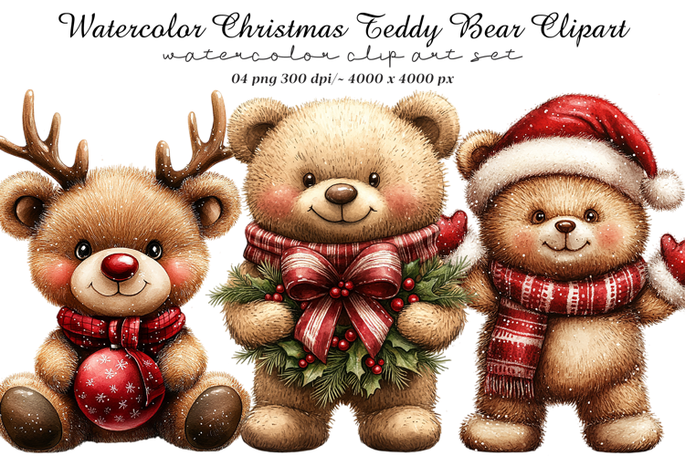 Watercolor Christmas Teddy Bear Clipart
