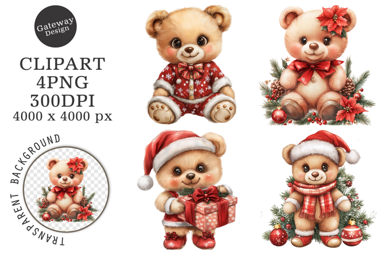 Watercolor Christmas Teddy Bear Clipart
