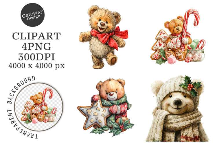 Watercolor Christmas Teddy Bear Clipart