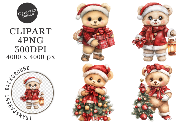 Watercolor Christmas Teddy Bear Clipart
