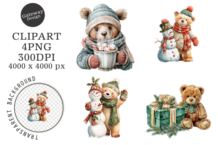 Watercolor Christmas Teddy Bear Clipart