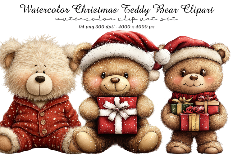 Watercolor Christmas Teddy Bear Clipart