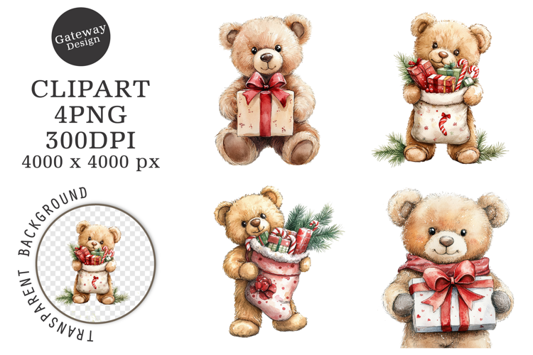 Watercolor Christmas Teddy Bear Clipart