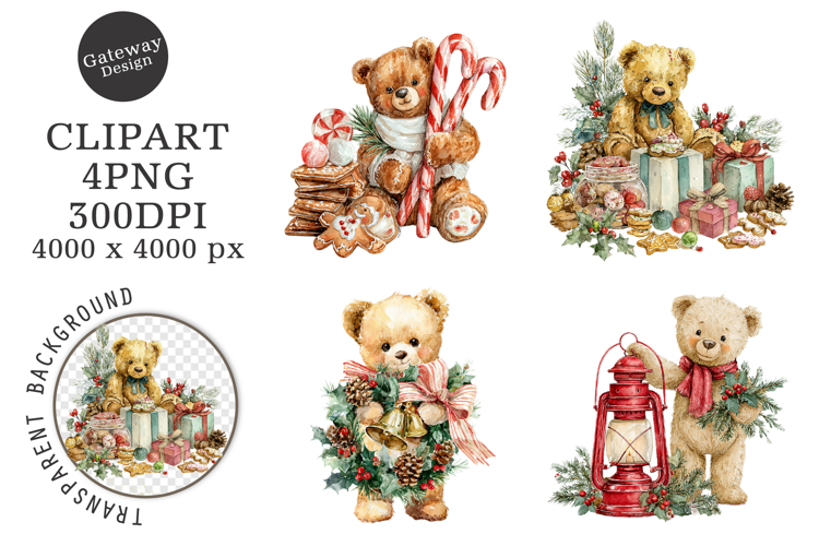 Watercolor Christmas Teddy Bear Clipart