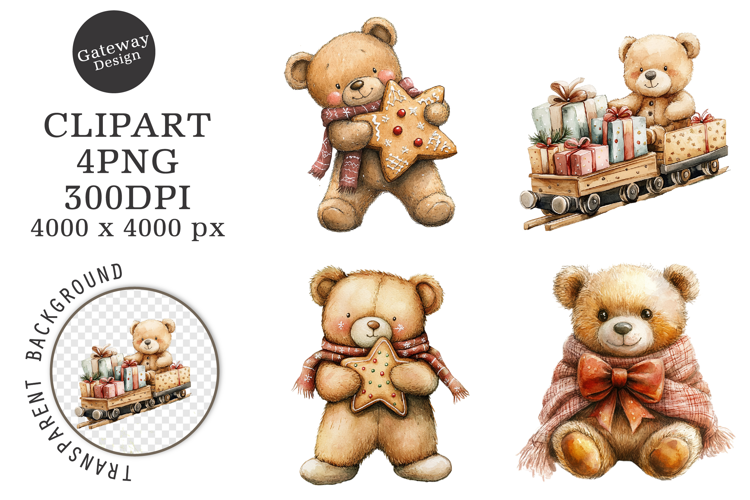 Watercolor Christmas Teddy Bear Clipart