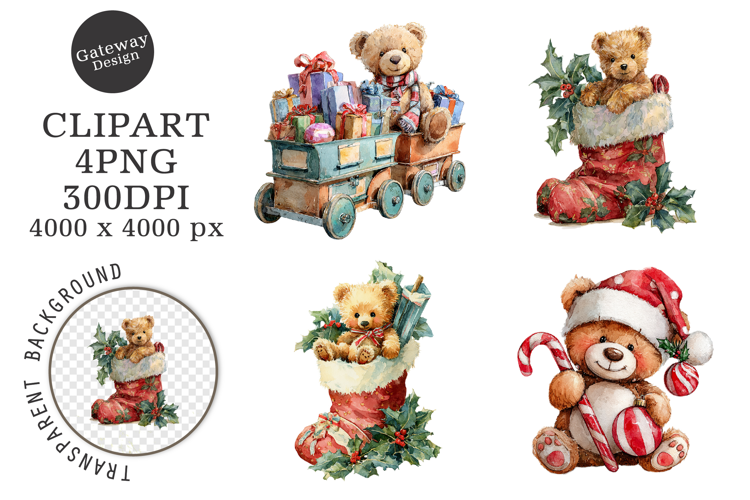Watercolor Christmas Teddy Bear Clipart