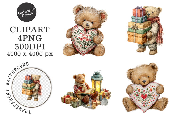 Watercolor Christmas Teddy Bear Clipart