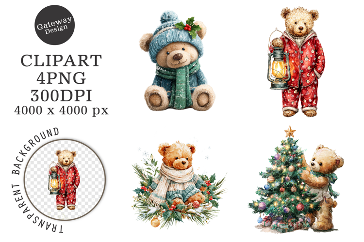 Watercolor Christmas Teddy Bear Clipart