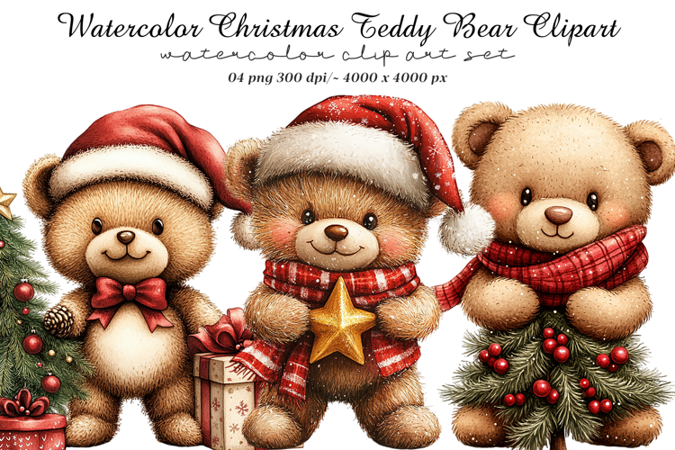 Watercolor Christmas Teddy Bear Clipart