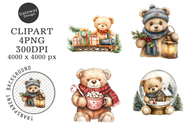 Watercolor Christmas Teddy Bear Clipart