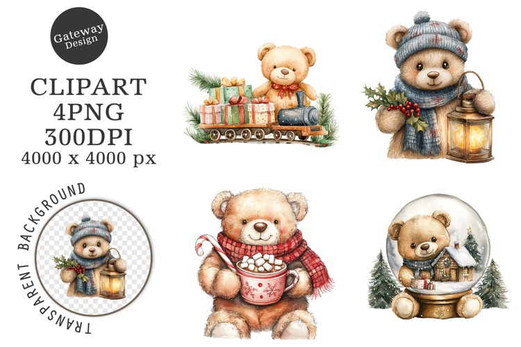 Watercolor Christmas Teddy Bear Clipart