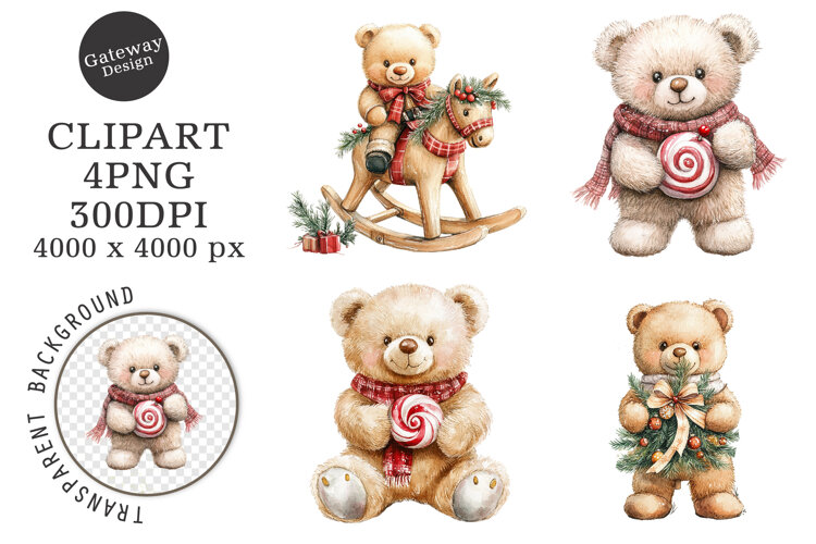 Watercolor Christmas Teddy Bear Clipart example image 1