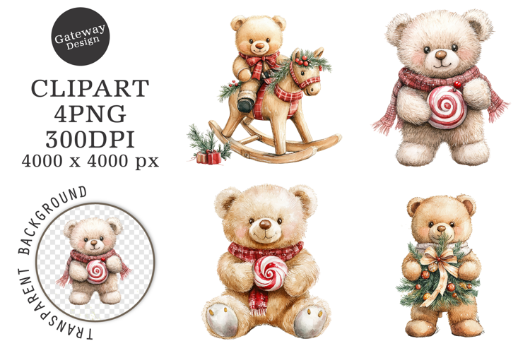 Watercolor Christmas Teddy Bear Clipart