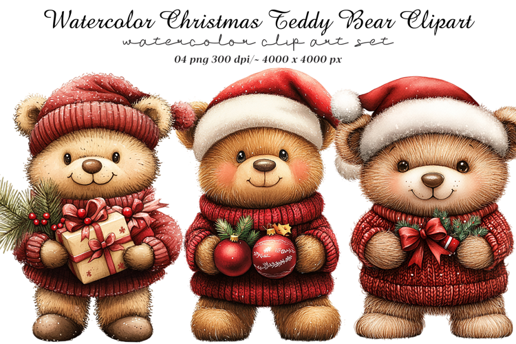 Watercolor Christmas Teddy Bear Clipart