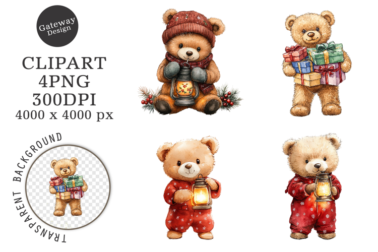Watercolor Christmas Teddy Bear Clipart