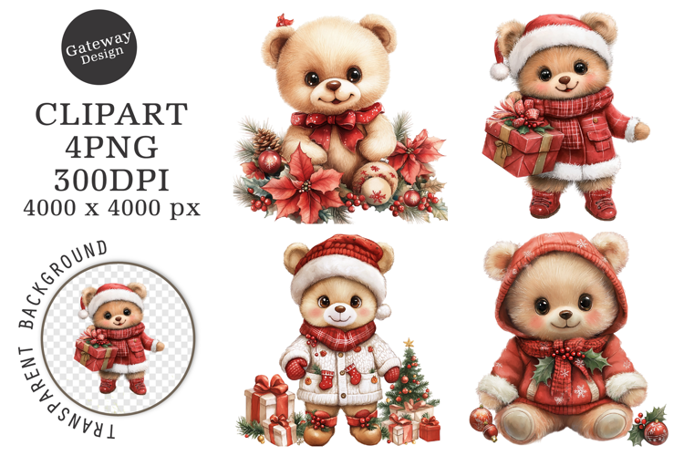 Watercolor Christmas Teddy Bear Clipart