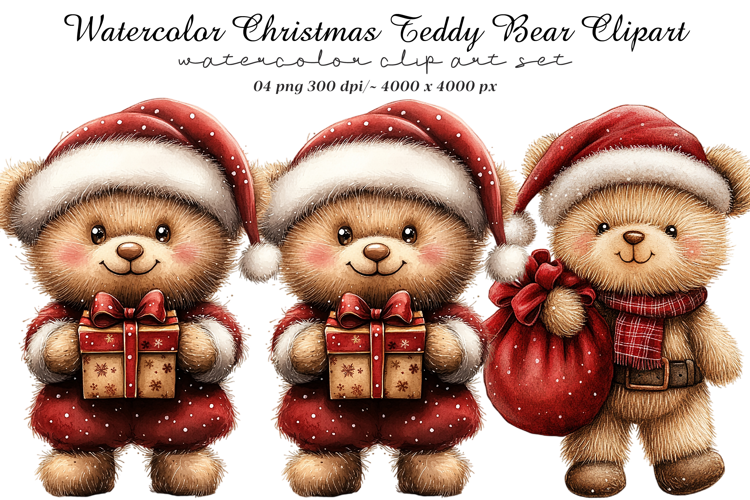 Watercolor Christmas Teddy Bear Clipart
