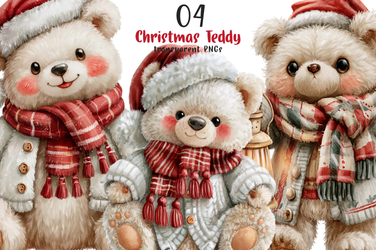 Watercolor Christmas Teddy Bear Clipart