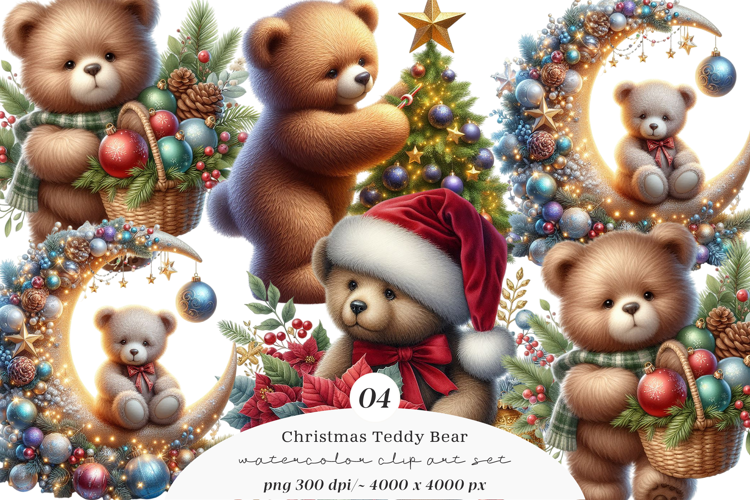 Watercolor Christmas Teddy Bear Clipart