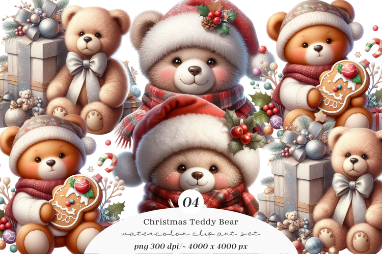 Watercolor Christmas Teddy Bear Clipart