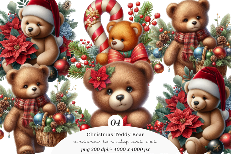 Watercolor Christmas Teddy Bear Clipart