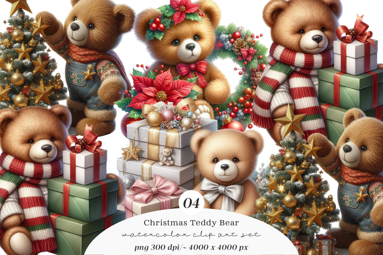Watercolor Christmas Teddy Bear Clipart