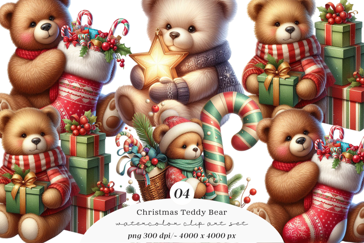 Watercolor Christmas Teddy Bear Clipart