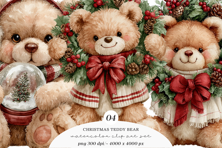 Watercolor Christmas Teddy Bear Clipart