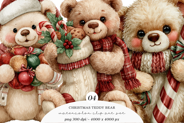 Watercolor Christmas Teddy Bear Clipart