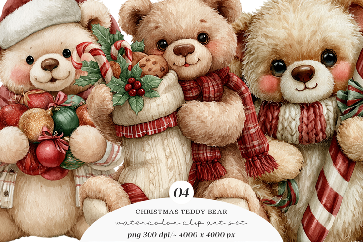 Watercolor Christmas Teddy Bear Clipart
