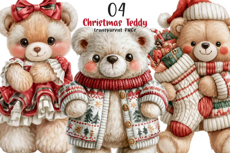 Watercolor Christmas Teddy Bear Clipart