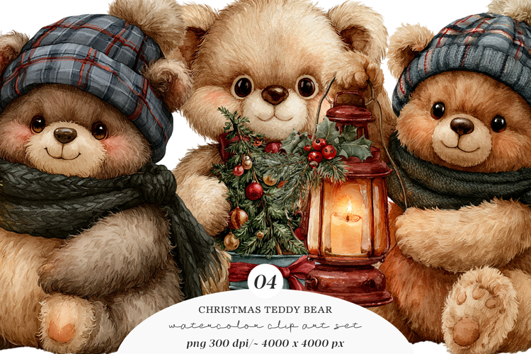 Watercolor Christmas Teddy Bear Clipart
