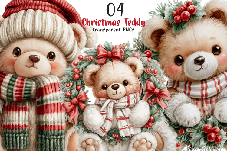 Watercolor Christmas Teddy Bear Clipart