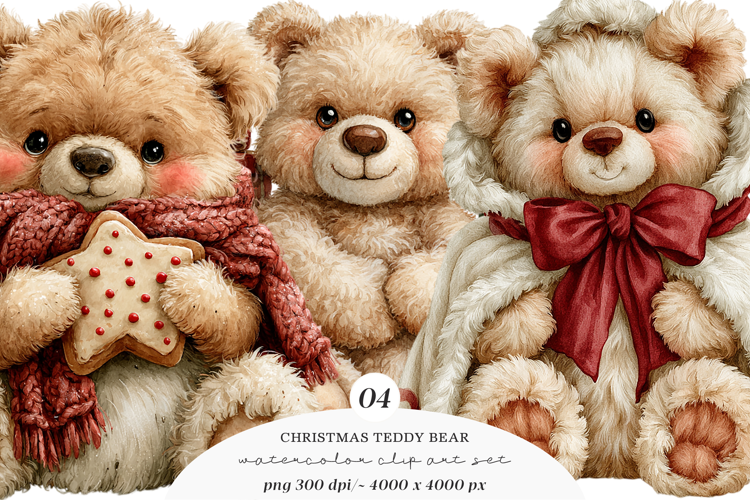 Watercolor Christmas Teddy Bear Clipart