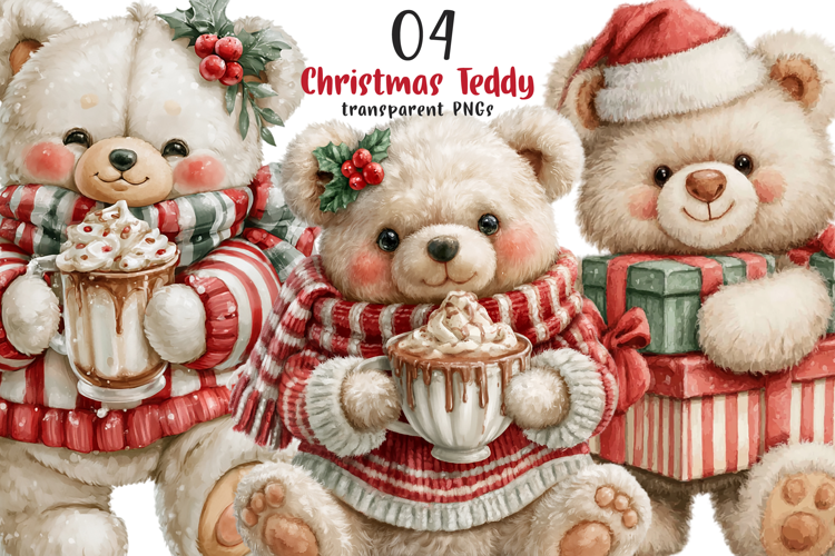 Watercolor Christmas Teddy Bear Clipart