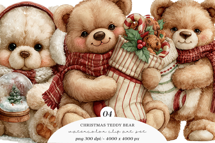 Watercolor Christmas Teddy Bear Clipart