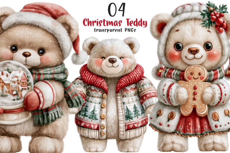 Watercolor Christmas Teddy Bear Clipart