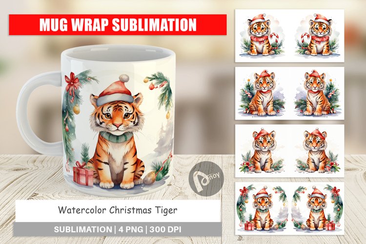 Mug Wrap Design Watercolor Christmas Tiger