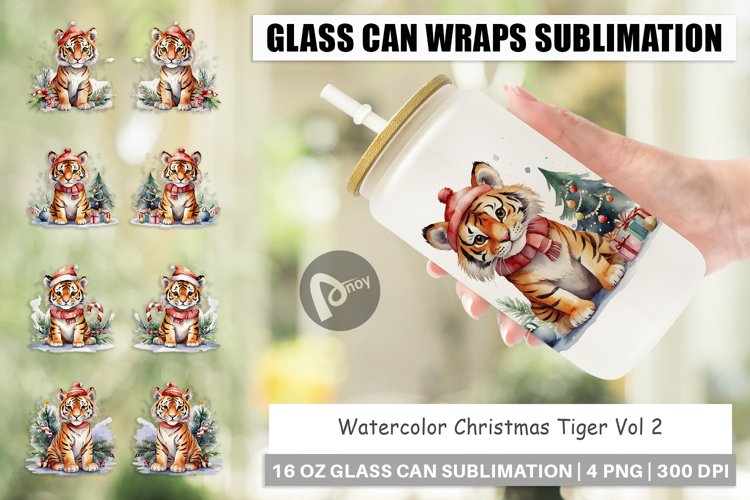 Glass Can Wraps Watercolor Christmas Tiger